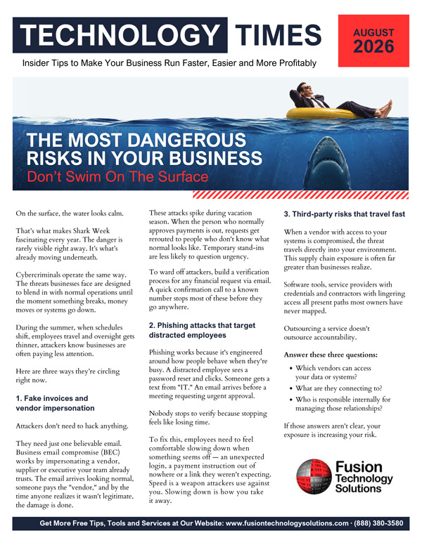 August 2026 Technology Times newsletter cover about business security risks
